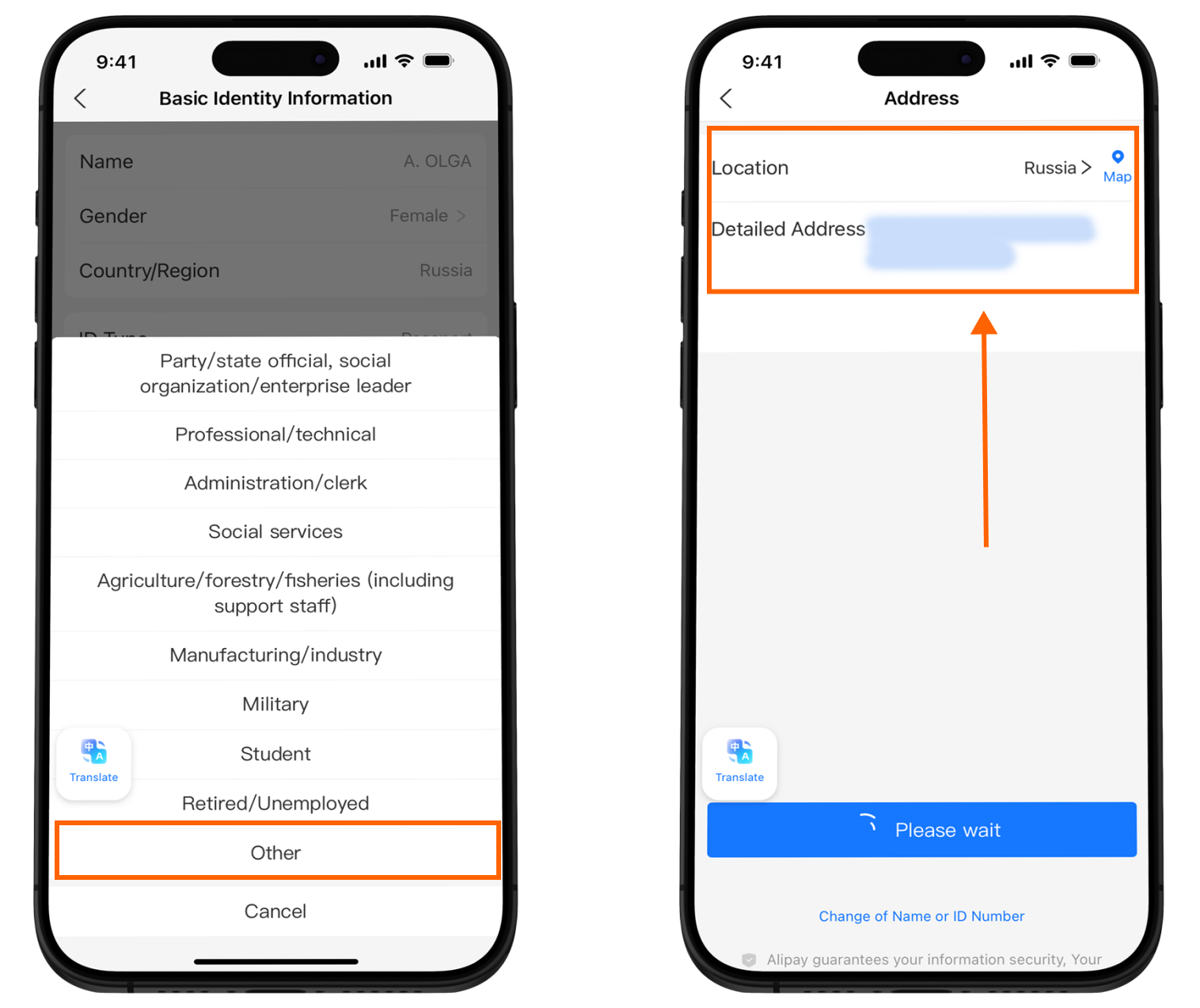 Верификация Alipay: Occupation type Other и адрес проживания латиницей